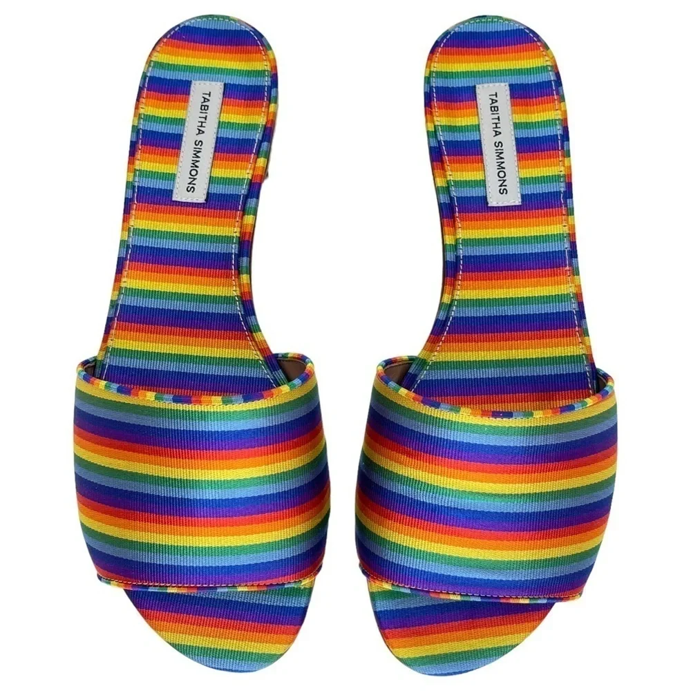 Tabitha Simmons Womens Slide Sandals EU 36 US 6 Sprinkles Rainbow Stripe Silk - Picture 4 of 13